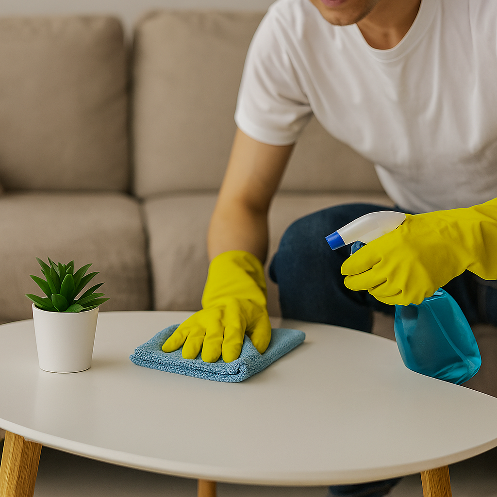 cleaner wiping down a Lewisham living room table